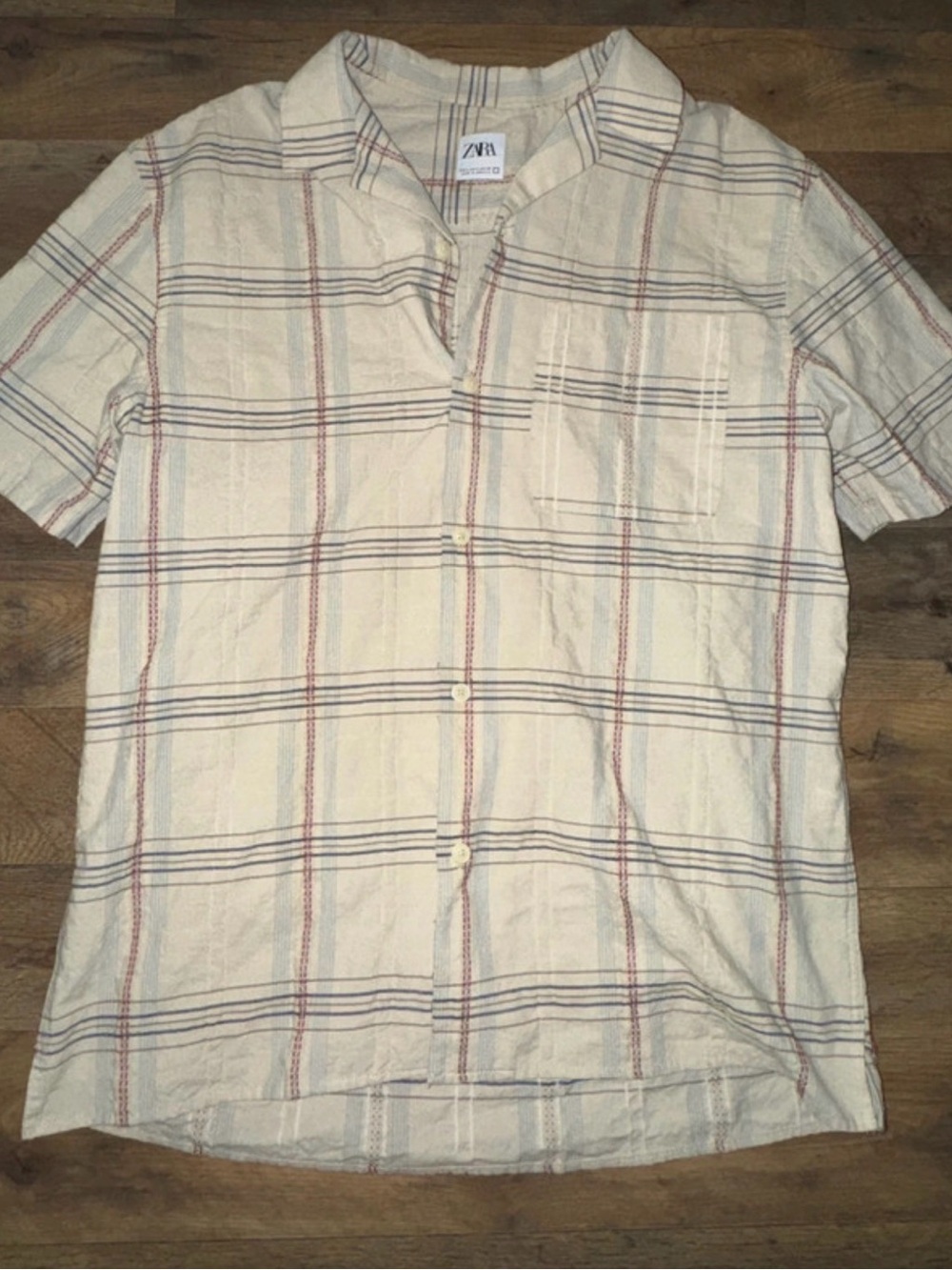 Zara Cream Plaid Short-Sleeve Button-Down Shirt